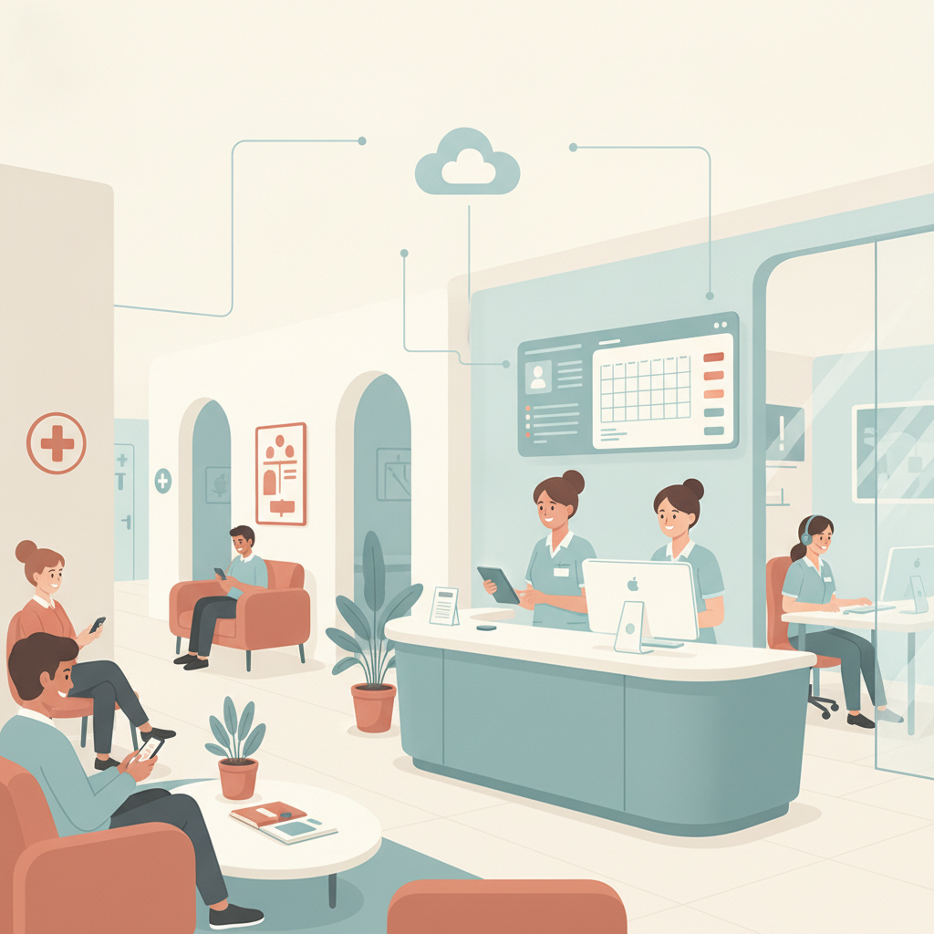 A clean, modern medical clinic office illustrating efficient administrative workflows