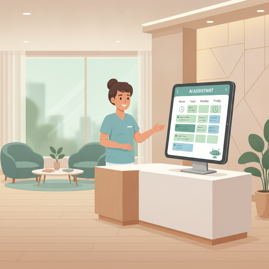 A modern dental clinic front desk with an AI assistant tablet displaying an automated appointment calendar