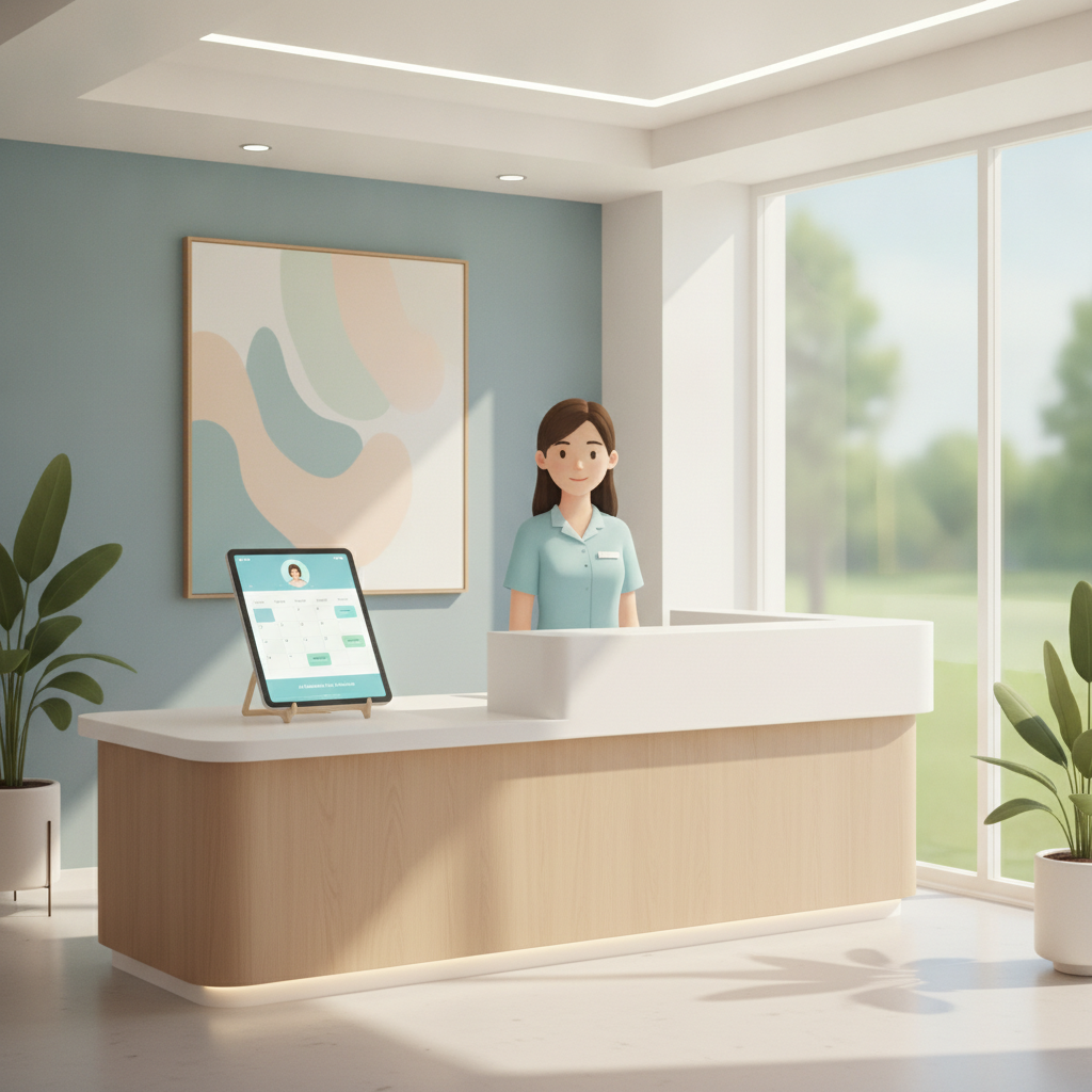 A modern dental clinic front desk with an AI assistant tablet displaying an automated appointment calendar