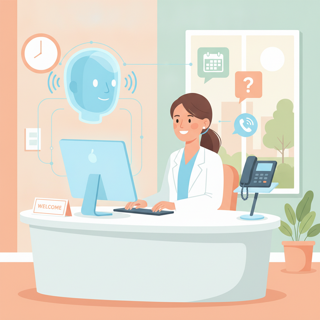 A dental receptionist smiling while working on a computer, freed from answering repetitive phone calls by an AI assistant
