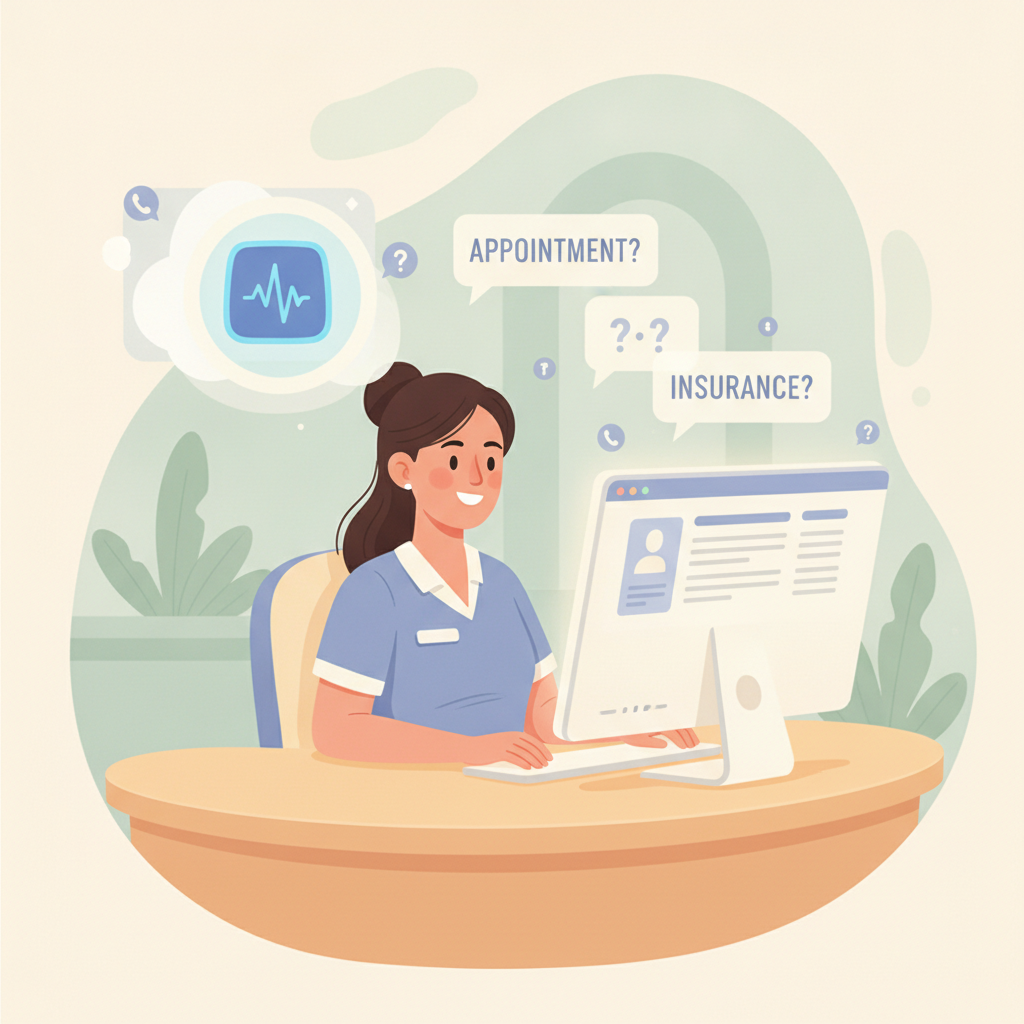 A dental receptionist smiling while working on a computer, freed from answering repetitive phone calls by an AI assistant