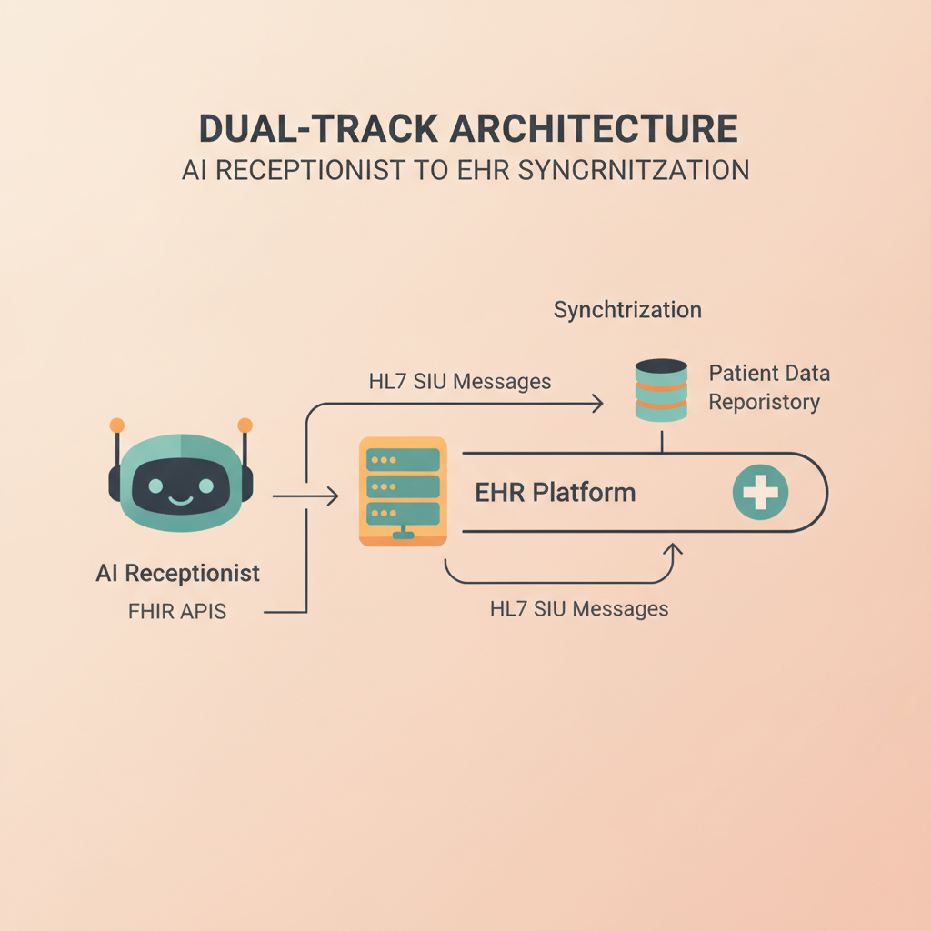 Diagram of the dual-track architecture showing FHIR APIs and HL7 SIU messages synchronizing an AI receptionist with an EHR platform