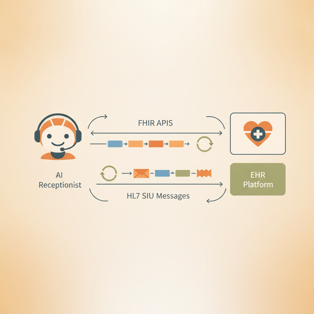 Diagram of the dual-track architecture showing FHIR APIs and HL7 SIU messages synchronizing an AI receptionist with an EHR platform