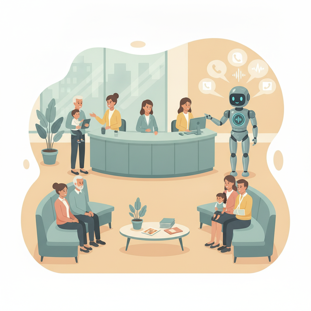 A busy clinic waiting room with front desk staff focusing on in-person patients while an AI receptionist handles inbound phone calls