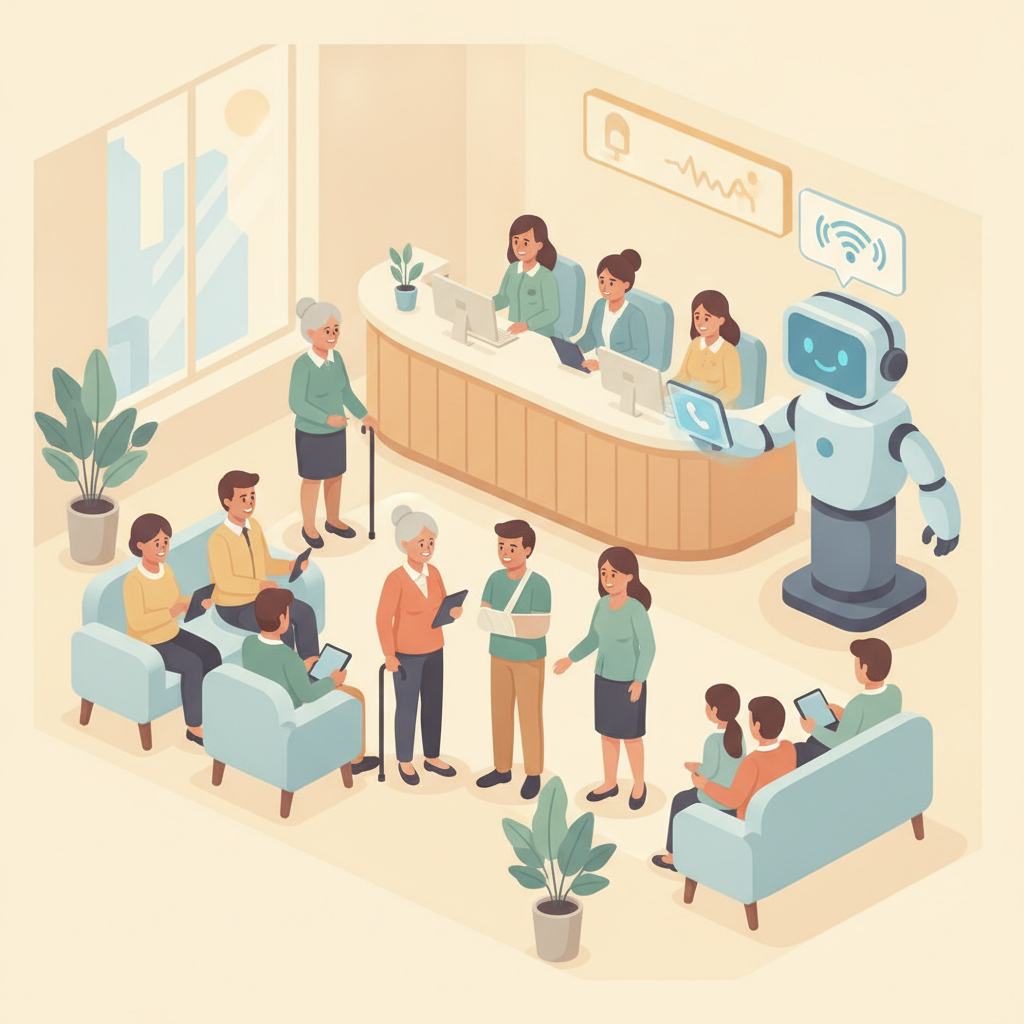 A busy clinic waiting room with front desk staff focusing on in-person patients while an AI receptionist handles inbound phone calls