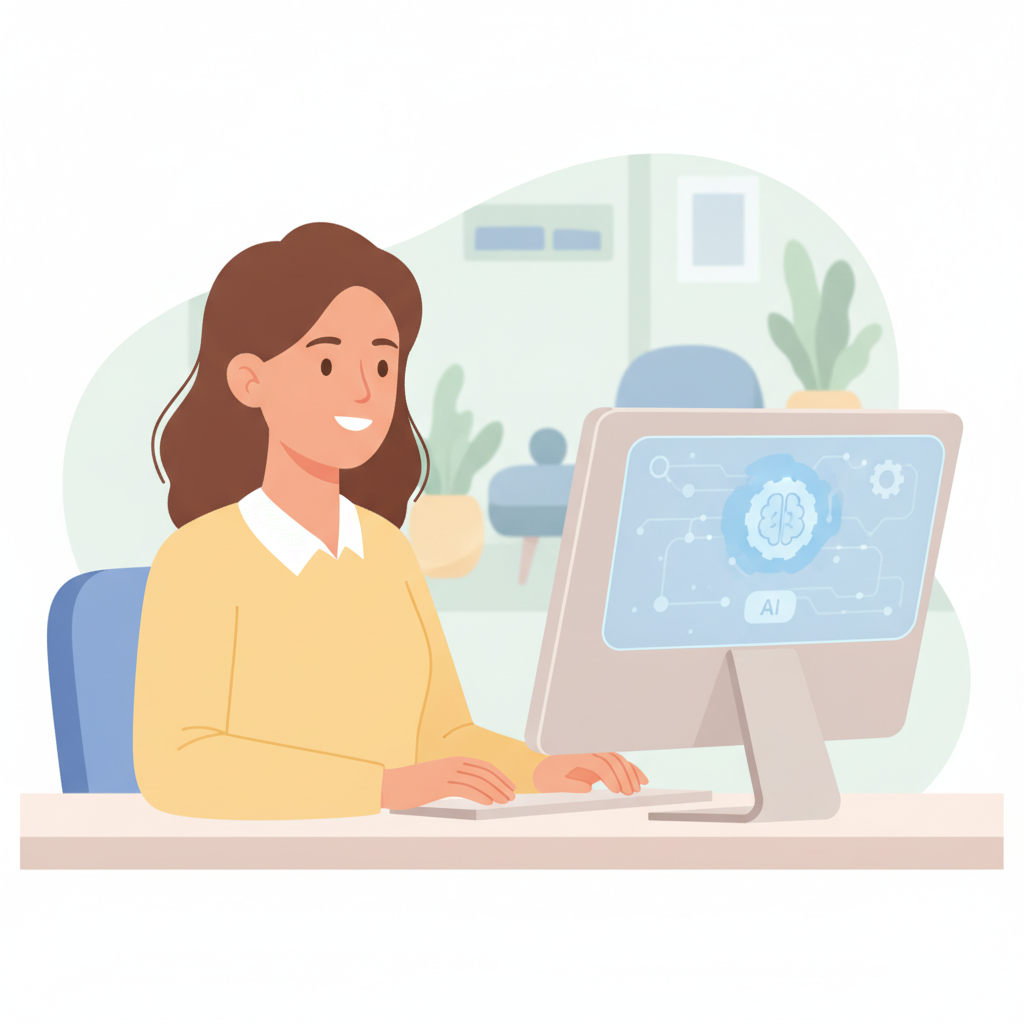 A dental receptionist smiling while using a computer with an AI assistant overlay