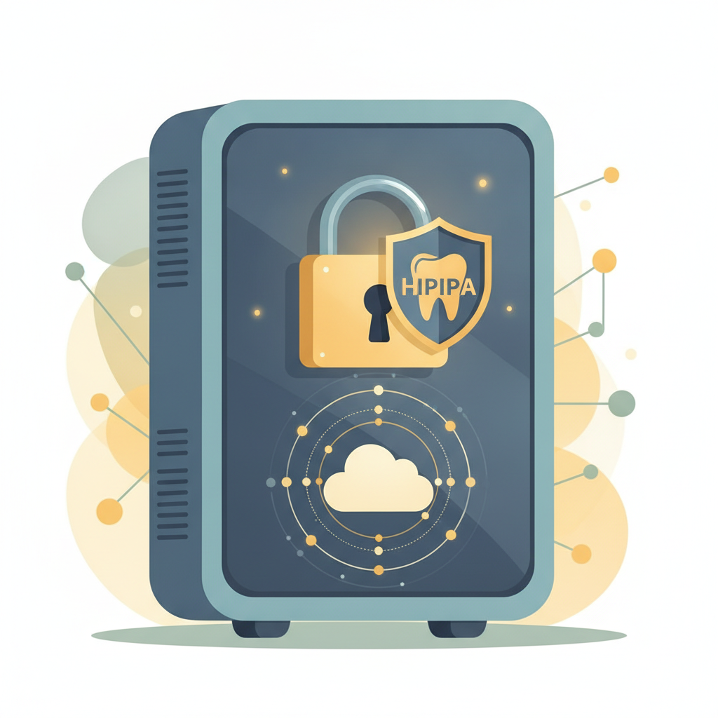 A secure digital server with a padlock icon representing HIPAA-compliant dental patient data protection