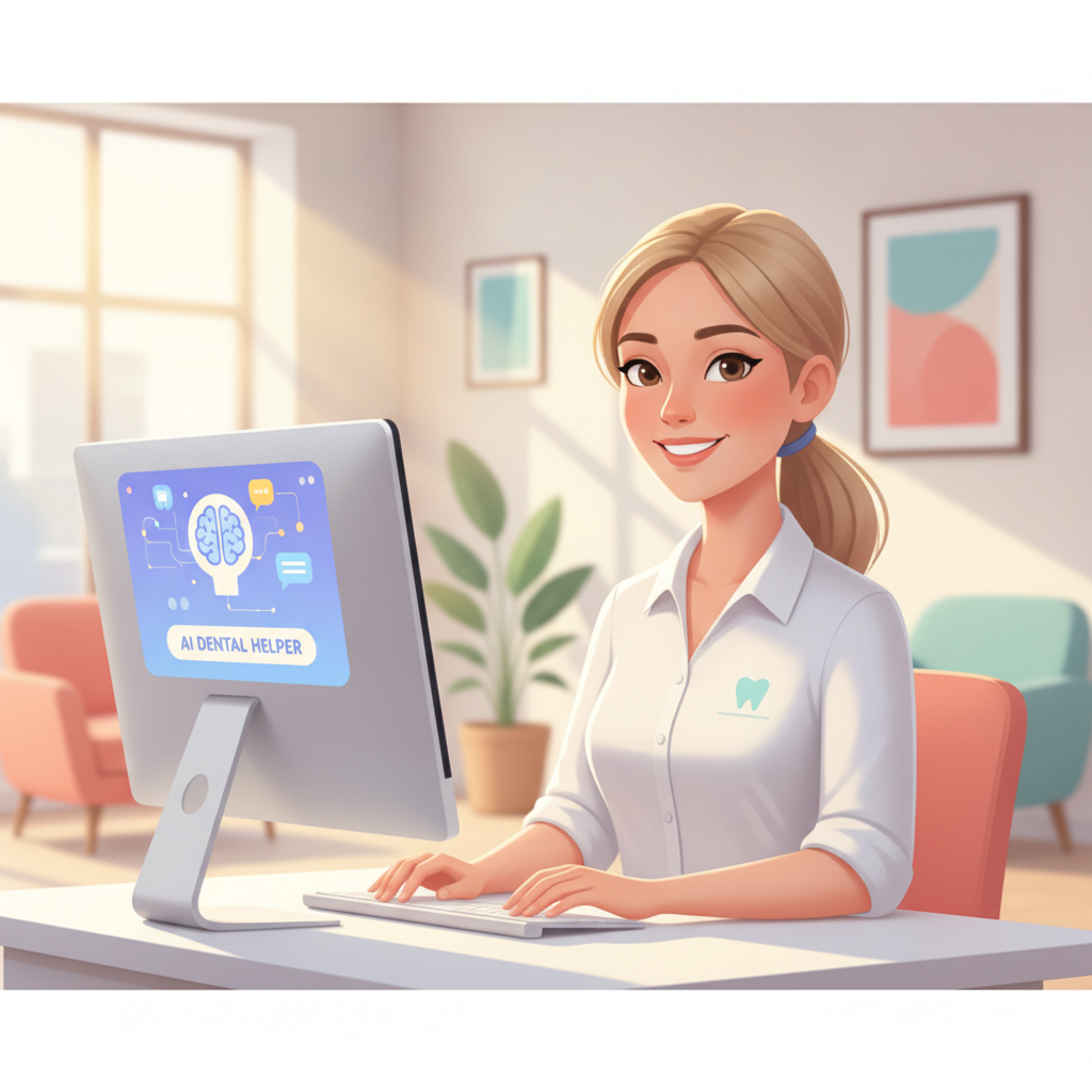 Una recepcionista dental sonriendo mientras usa una computadora con una interfaz de asistente de IA superpuesta