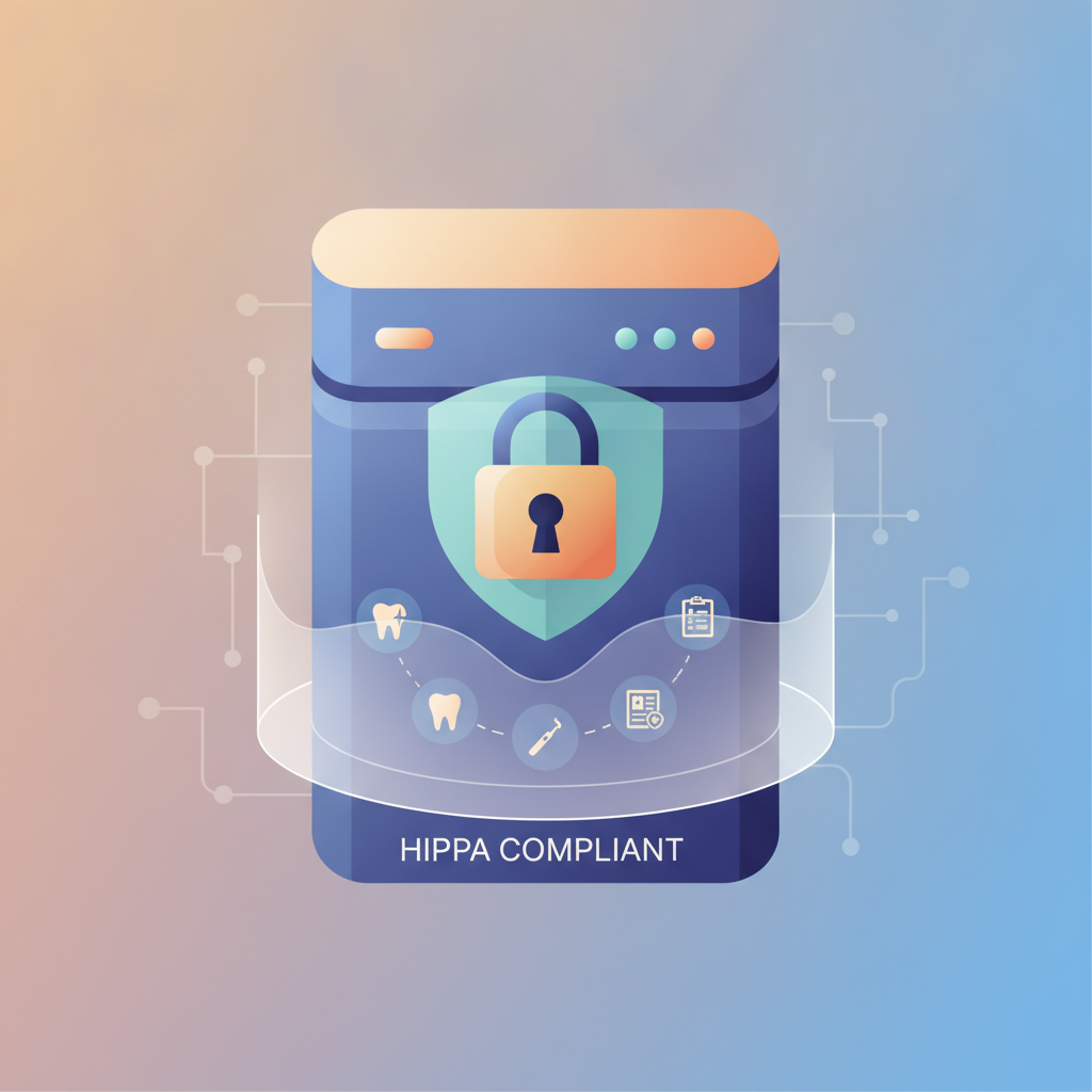 Un servidor digital seguro con un icono de candado que representa la protección de datos de pacientes dentales conforme a HIPAA