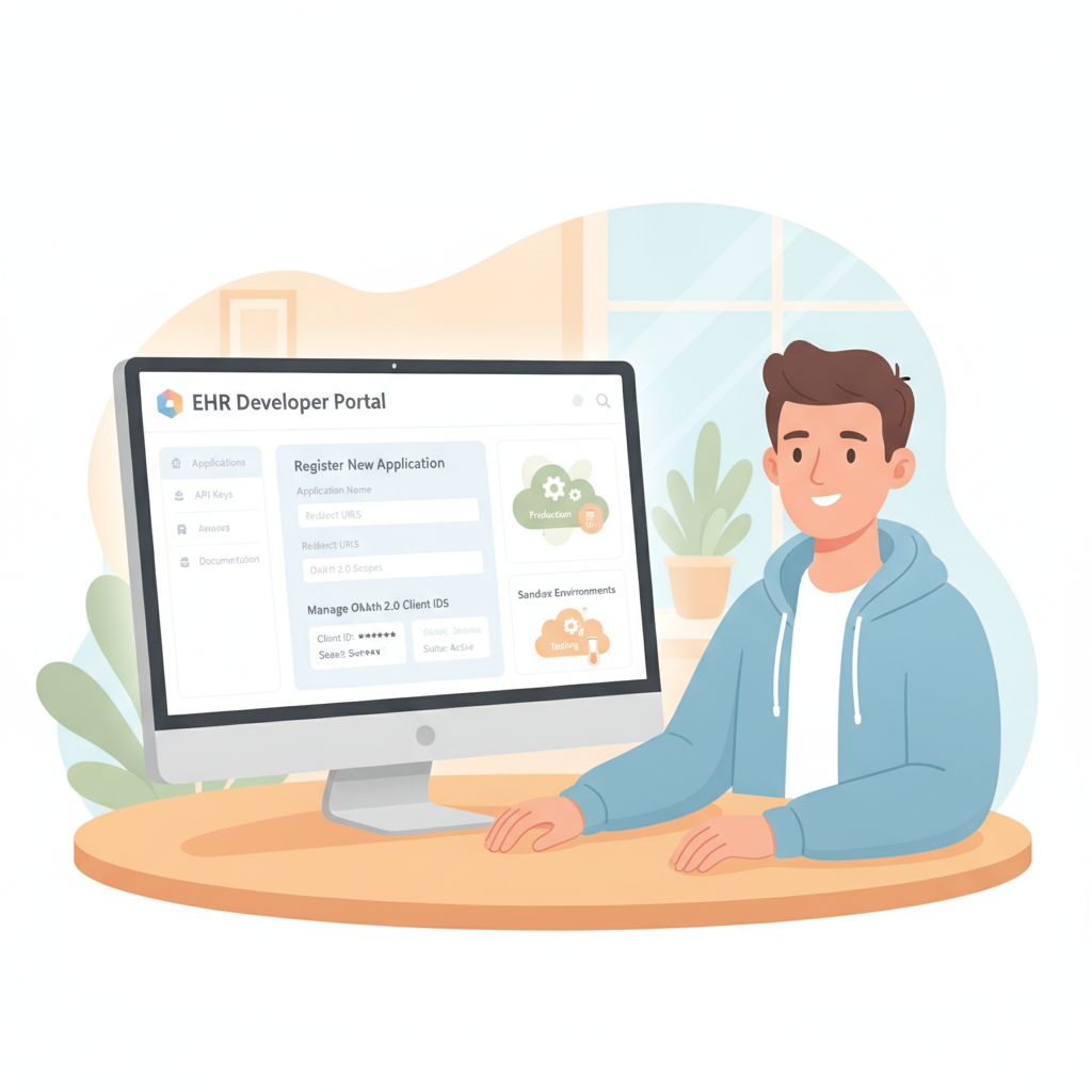 A developer registering an application in an EHR developer portal, managing OAuth 2.0 Client IDs and sandbox environments