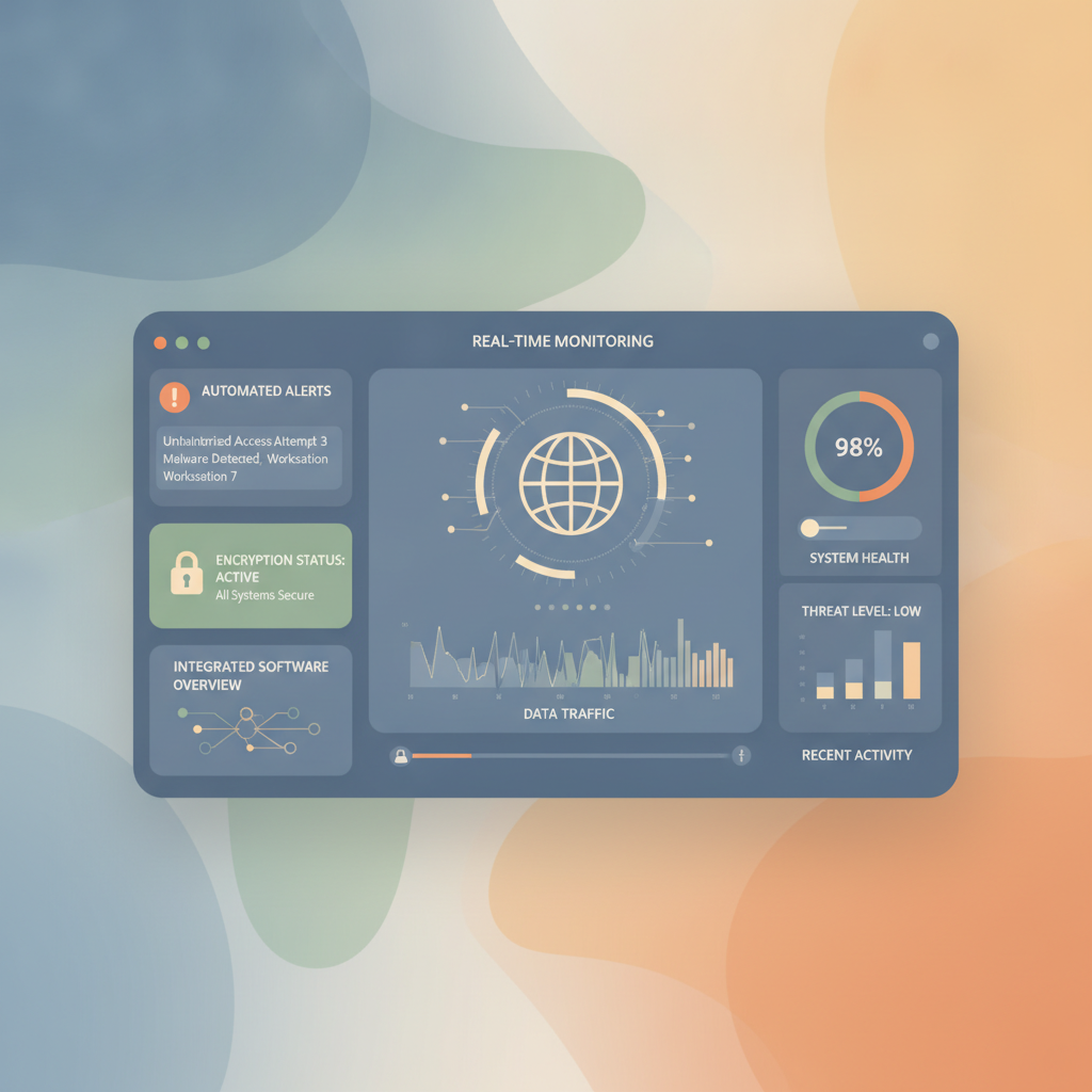 A security dashboard showing real-time monitoring, automated alerts, and encryption status for a clinic's integrated software