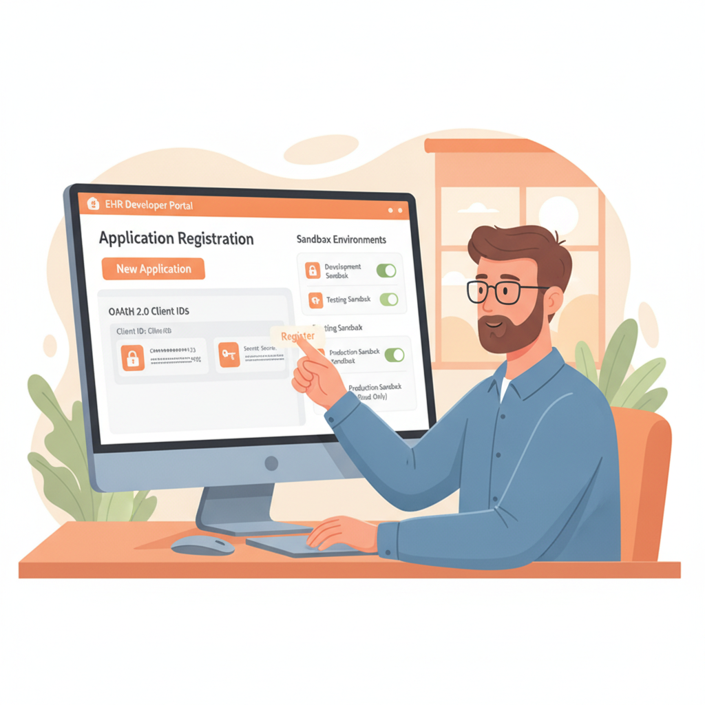 A developer registering an application in an EHR developer portal, managing OAuth 2.0 Client IDs and sandbox environments