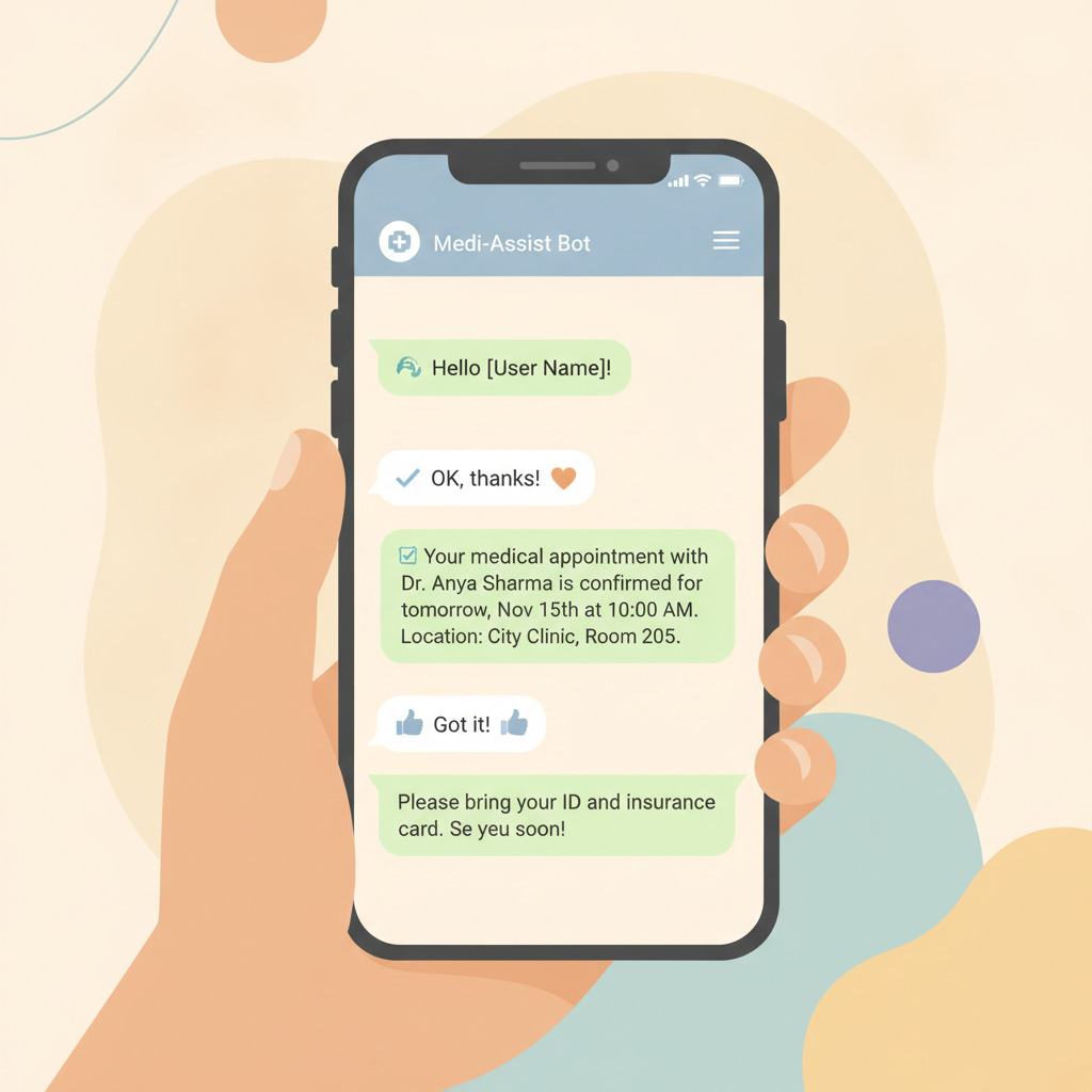 A smartphone displaying a friendly automated WhatsApp chat confirming a medical appointment