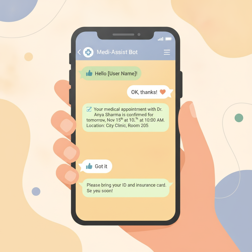 A smartphone displaying a friendly automated WhatsApp chat confirming a medical appointment