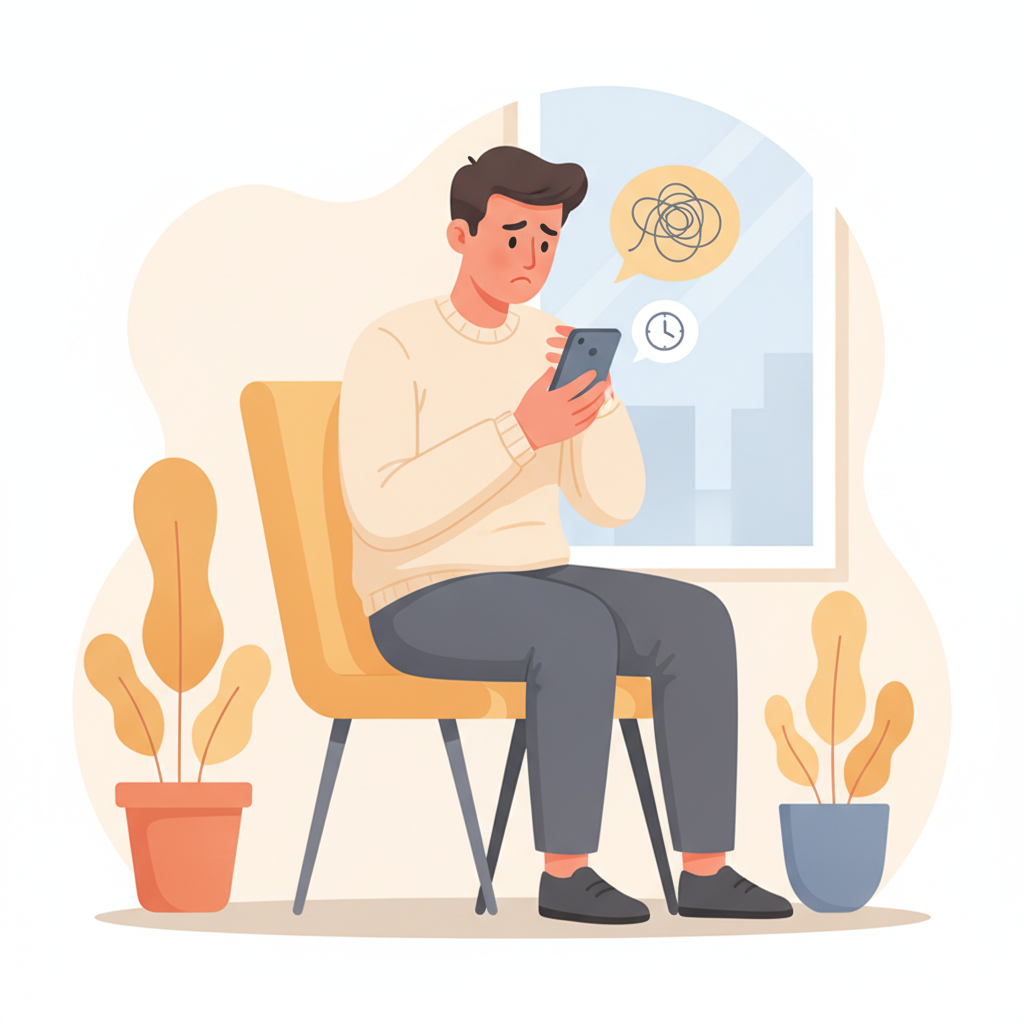 A frustrated patient looking at their smartphone while waiting on hold