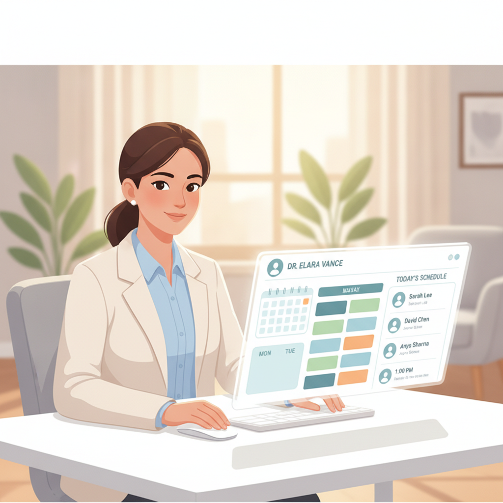 A clinic administrator reviewing patient appointments on a clean, modern digital dashboard