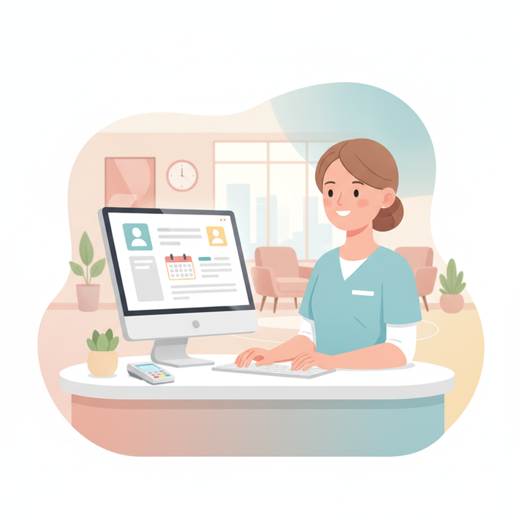 A medical clinic receptionist smiling while managing patient inquiries on a computer.