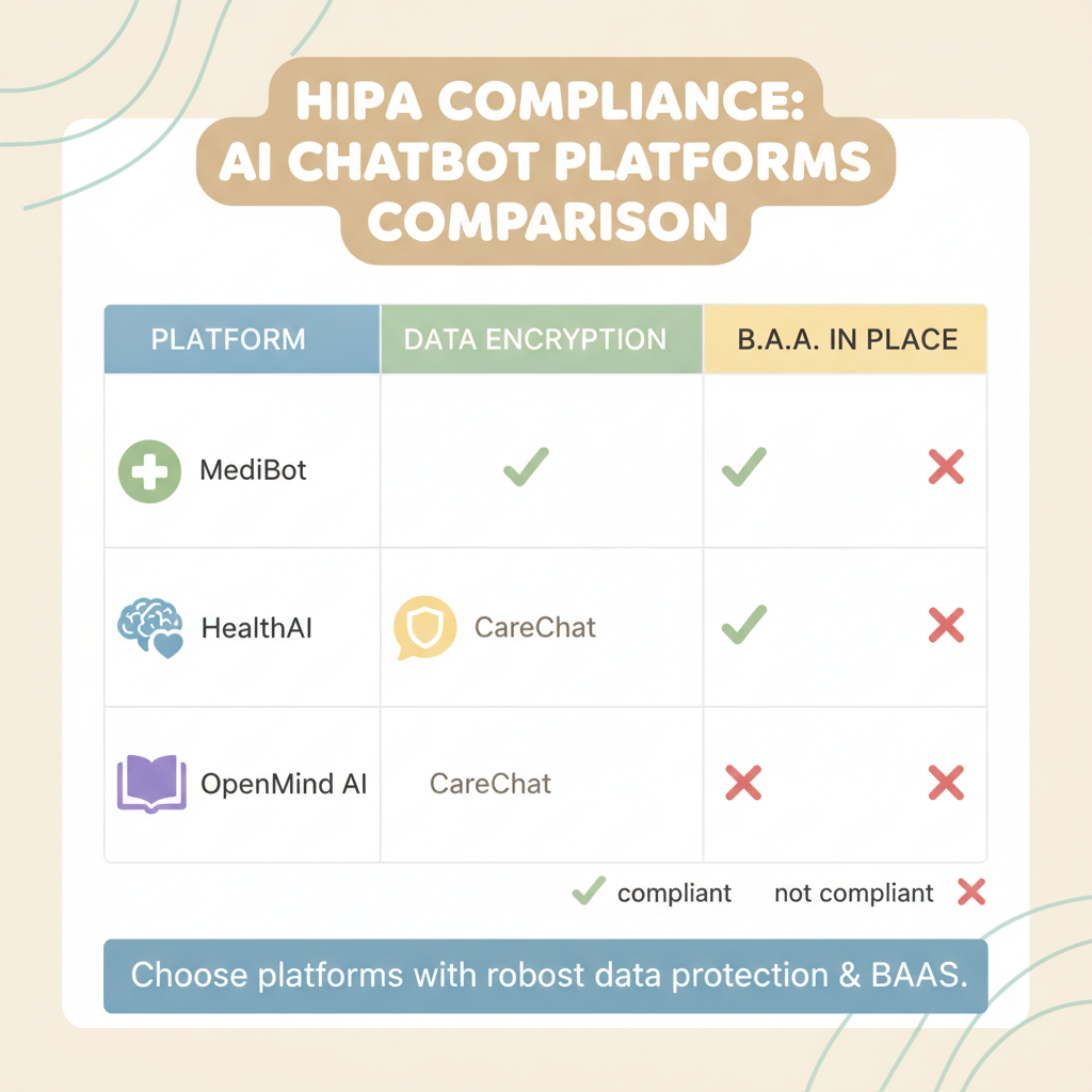A comparison chart displaying HIPAA compliance across various AI chatbot platforms.