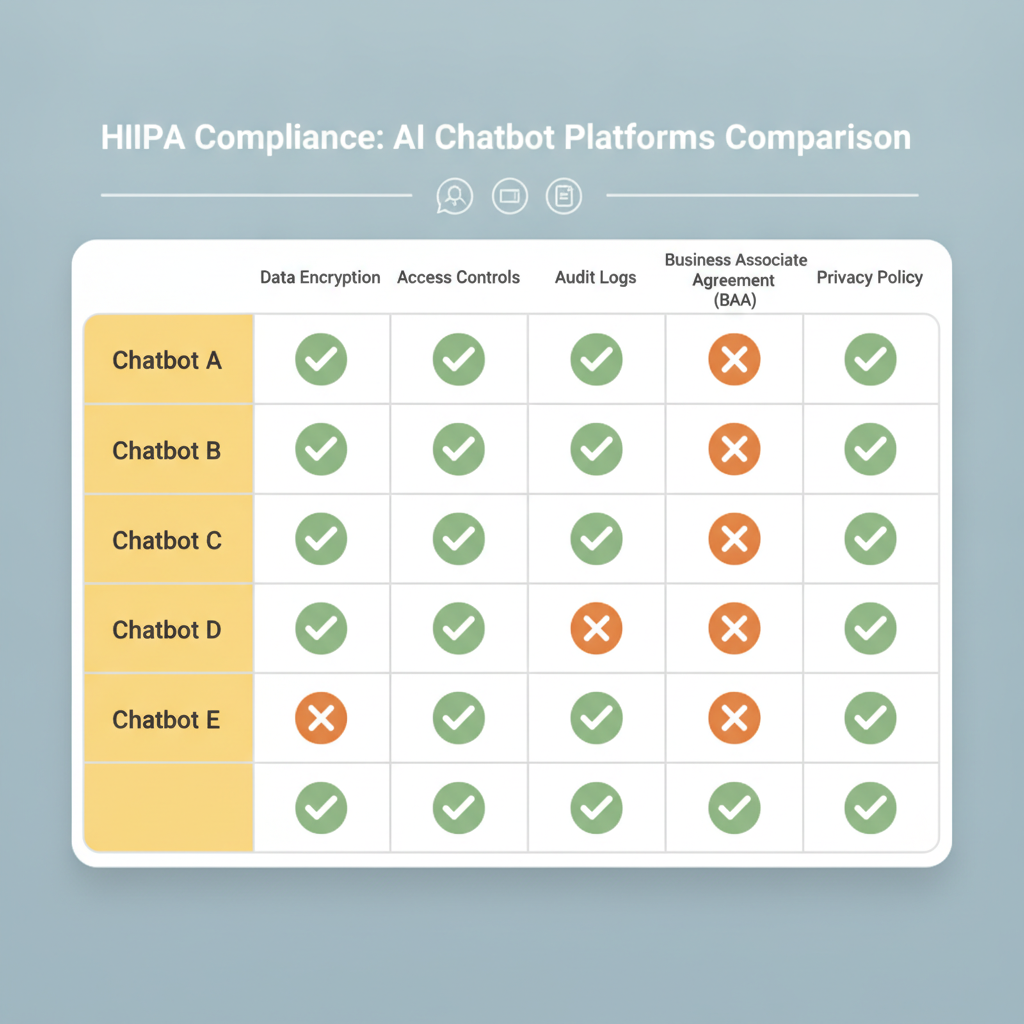 A comparison chart displaying HIPAA compliance across various AI chatbot platforms.