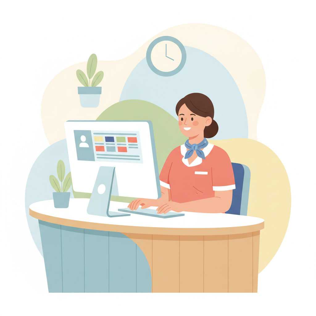 A medical clinic receptionist smiling while managing patient inquiries on a computer.