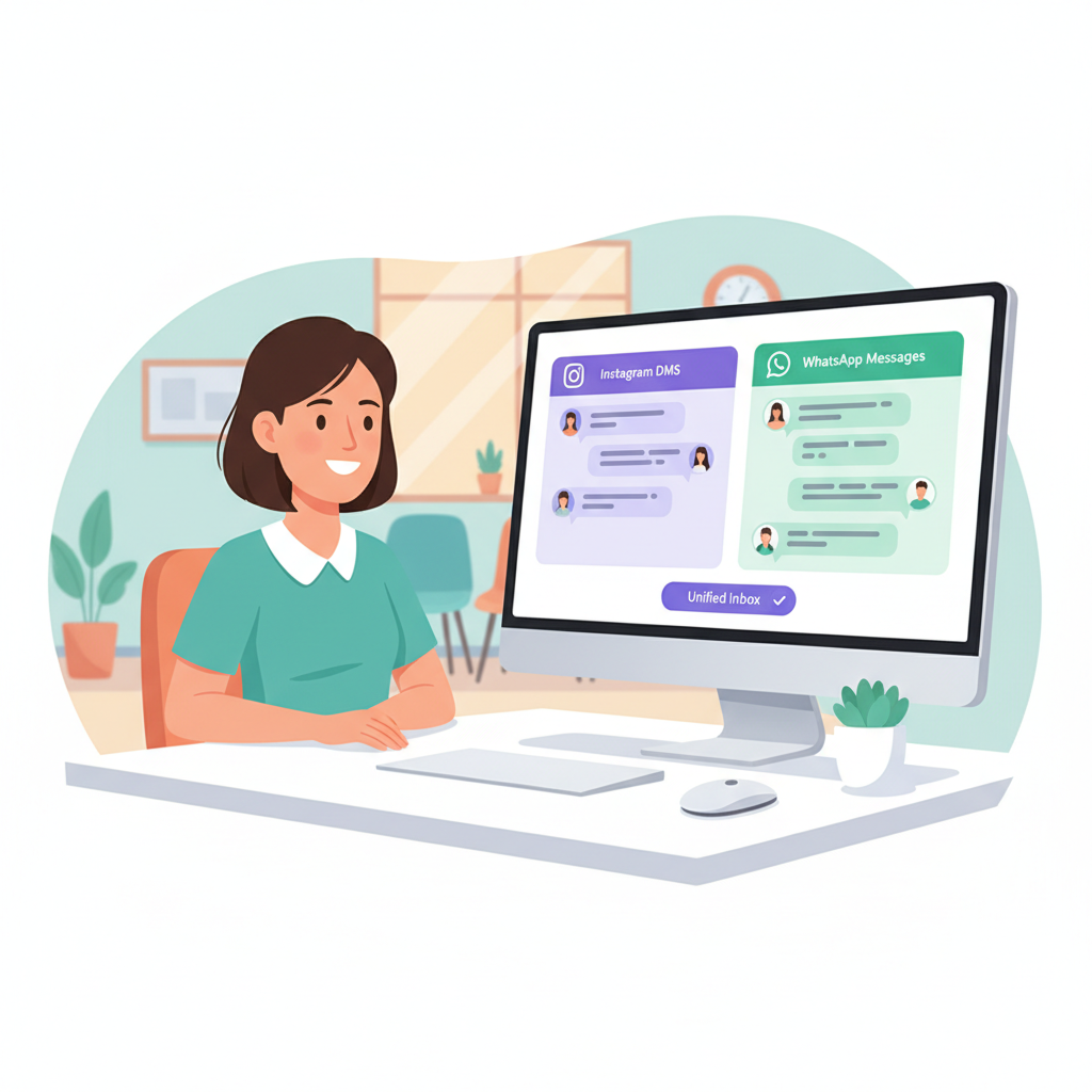 A medical receptionist smiling at a desktop computer showing a unified inbox where Instagram DMs and WhatsApp messages are managed together.