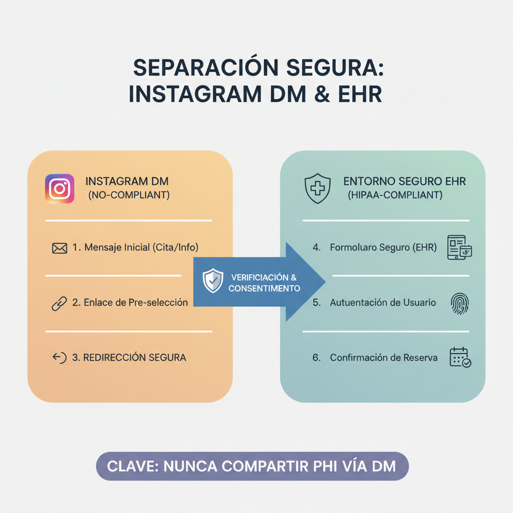 Un diagrama limpio paso a paso que ilustra la separación de la interacción por DM de Instagram y el entorno seguro de reserva del EHR para mantener el cumplimiento de HIPAA.