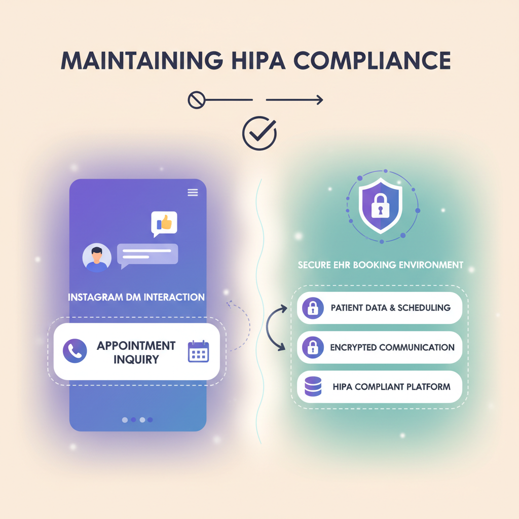 A clean, step-by-step diagram illustrating the separation of Instagram DM interaction and the secure EHR booking environment to maintain HIPAA compliance.