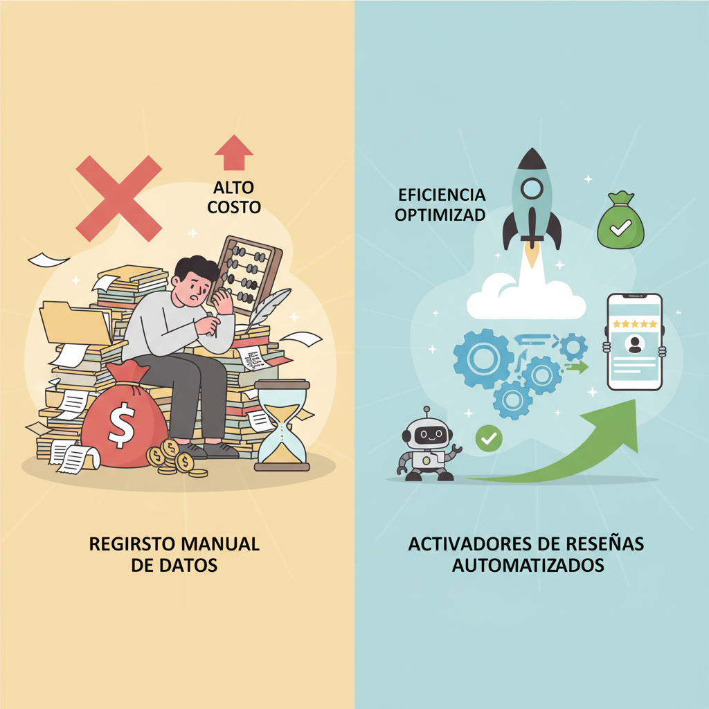 Una comparación que muestra el alto costo del registro manual de datos frente a la eficiencia optimizada de los activadores de reseñas automatizados