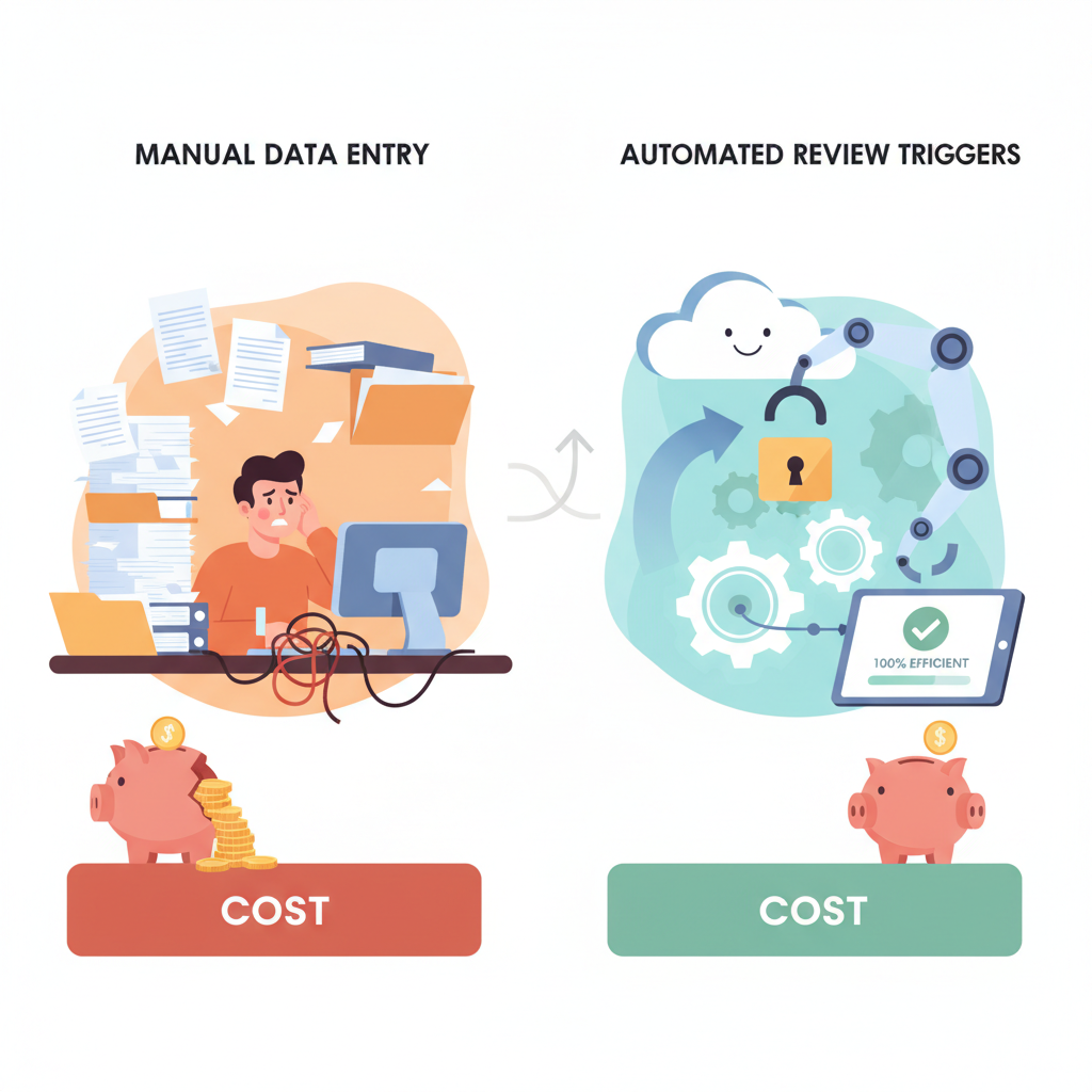A comparison showing the high cost of manual data entry versus the streamlined efficiency of automated review triggers