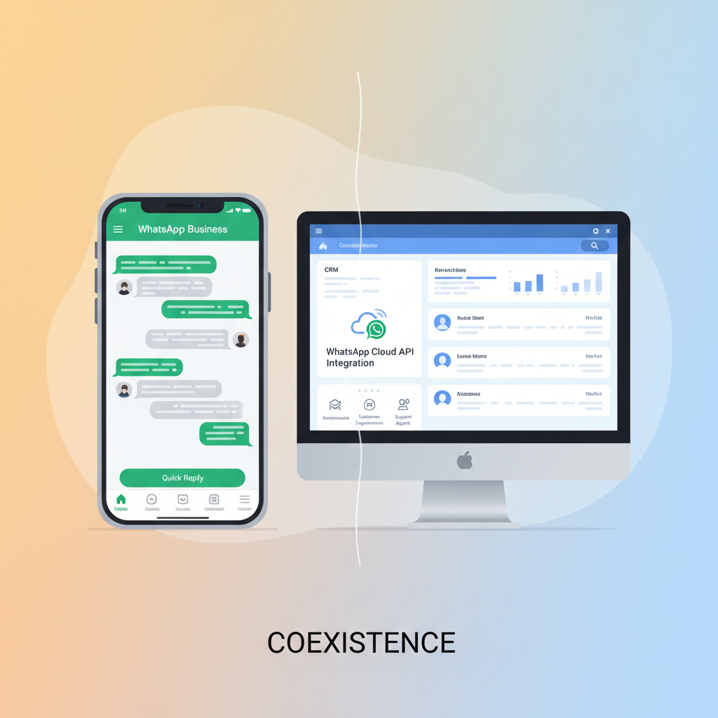 Una ilustración de pantalla dividida que muestra un teléfono inteligente con la aplicación WhatsApp Business en un lado y un CRM de escritorio con la API de WhatsApp Cloud en el otro, representando la Coexistencia