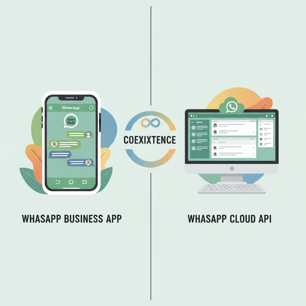 A split-screen illustration showing a smartphone running the WhatsApp Business App on one side and a desktop CRM running the WhatsApp Cloud API on the other, representing Coexistence