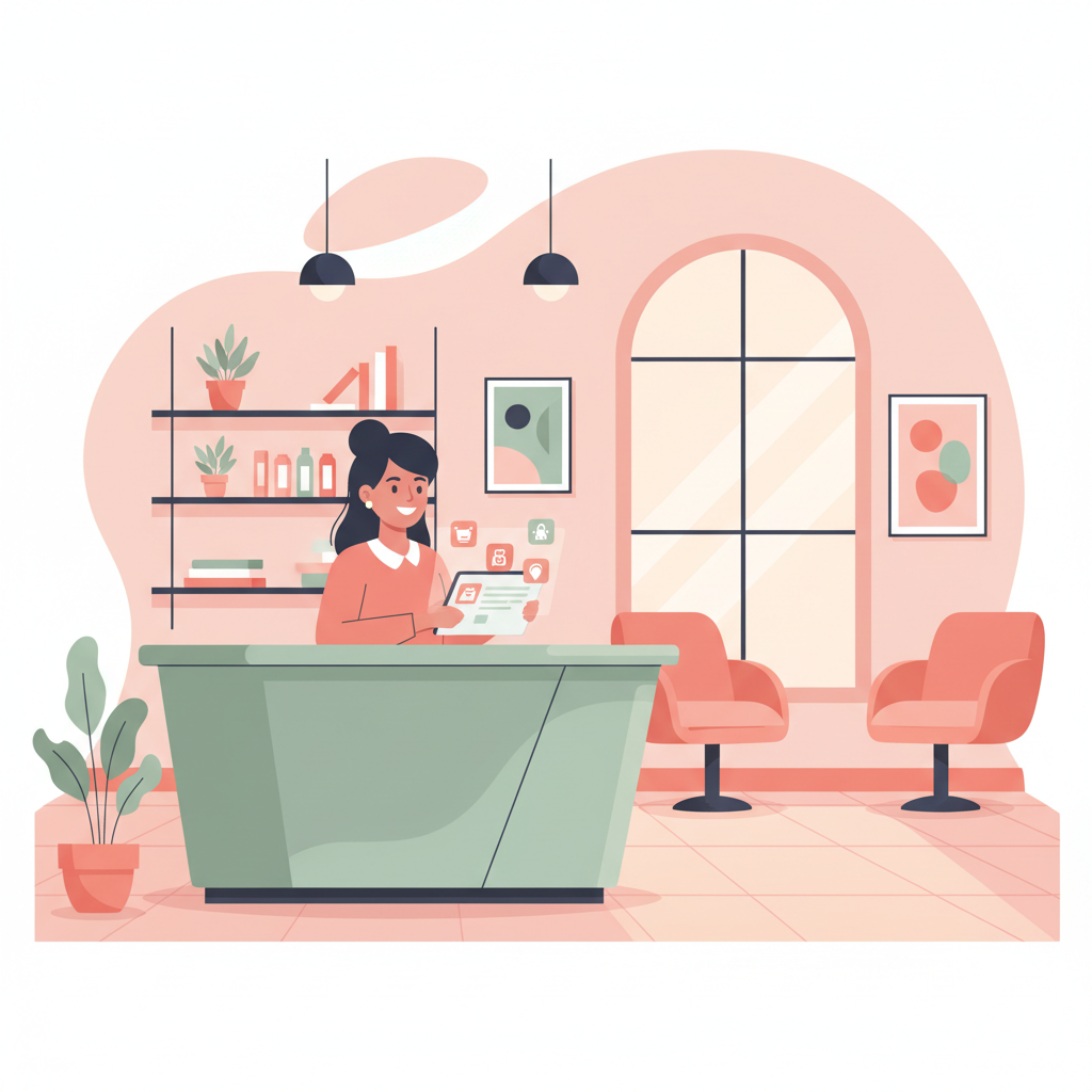 Una recepcionista de un salón moderno que utiliza una tableta para gestionar las comunicaciones y reservas automatizadas de los clientes.