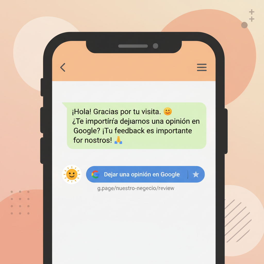 Un primer plano de la pantalla de un teléfono inteligente que muestra una solicitud de opinión por WhatsApp con un enlace a las reseñas de Google.