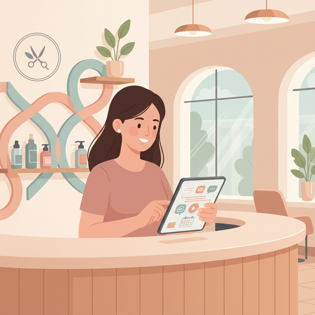 A modern salon receptionist using a tablet to manage automated client communications and bookings.