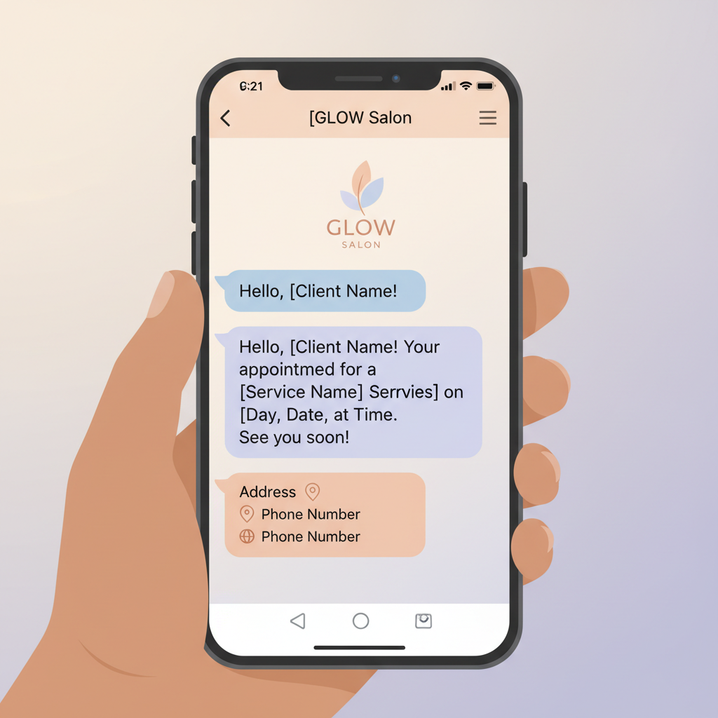 A close-up of a smartphone screen showing a personalized WhatsApp appointment confirmation message from a salon.