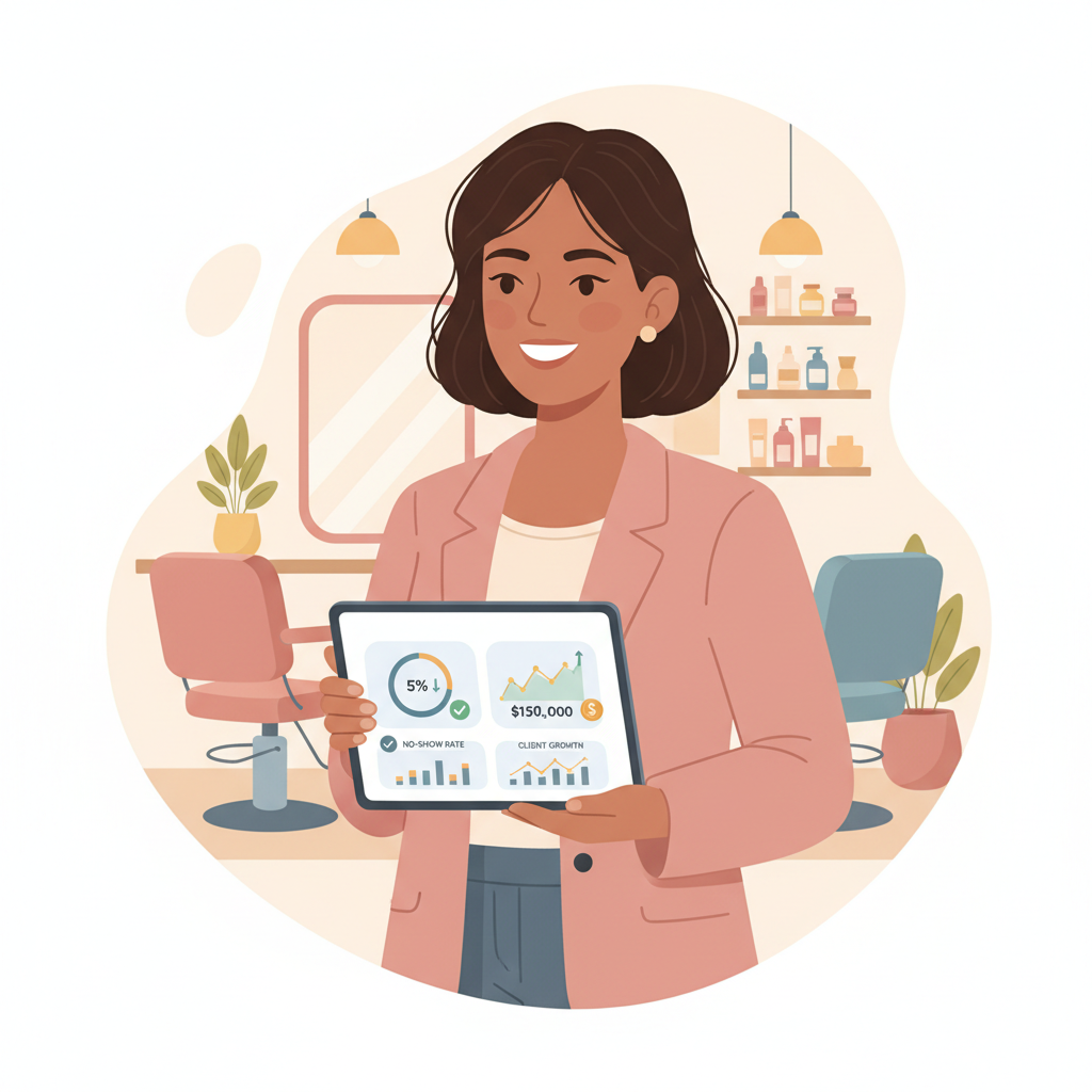 A happy salon owner looking at a tablet showing a dashboard with decreasing no-show rates and increasing revenue.