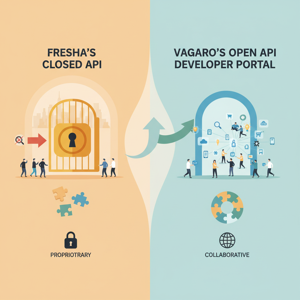 A comparison diagram illustrating the differences between Fresha's closed API and Vagaro's open API developer portal.
