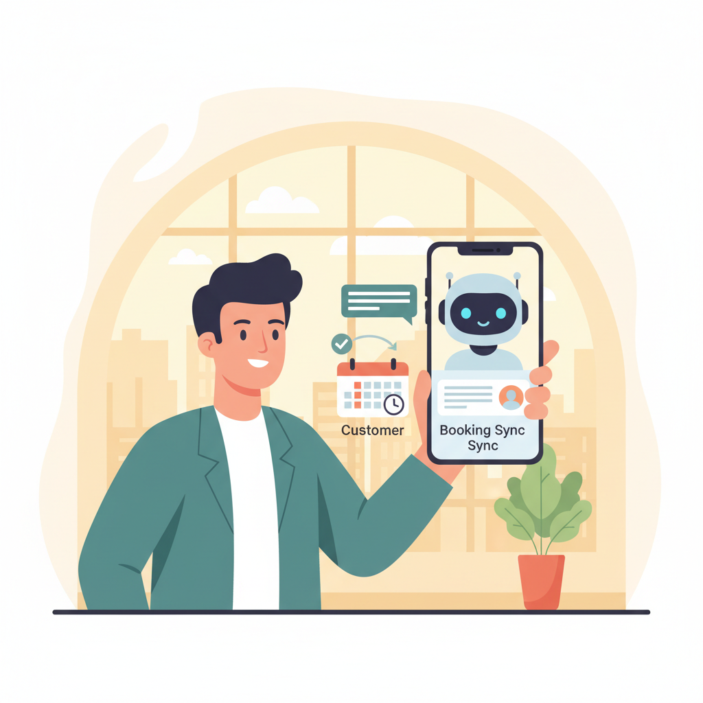 A customer chatting with an AI receptionist on a smartphone, showing automated booking sync.