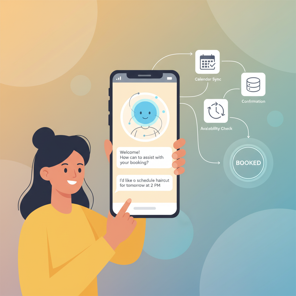 A customer chatting with an AI receptionist on a smartphone, showing automated booking sync.