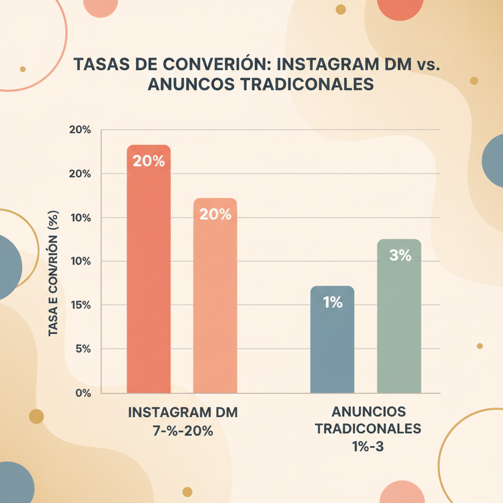 Un gráfico de barras que compara las tasas de conversión de los DM de Instagram del 7% al 20% frente a las tasas de conversión de los anuncios de tráfico tradicionales del 1% al 3%.