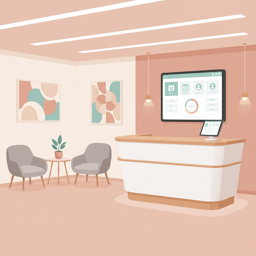 A clean, modern salon reception area with a tablet displaying a unified booking dashboard