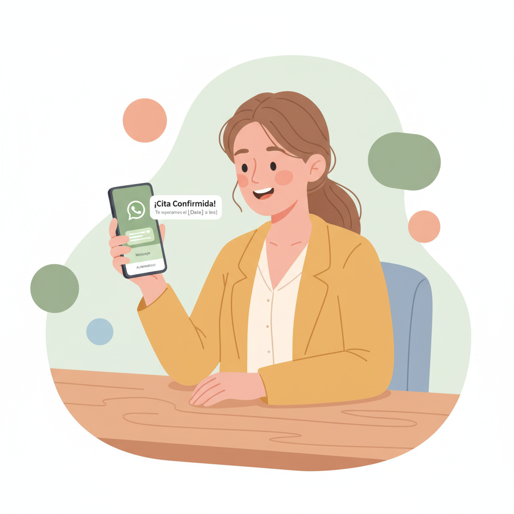 Una clienta mira felizmente su teléfono tras recibir una confirmación de cita automatizada por WhatsApp