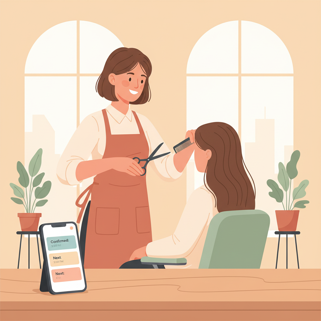 A busy hair stylist working on a client while a smartphone on the counter displays automated booking confirmations