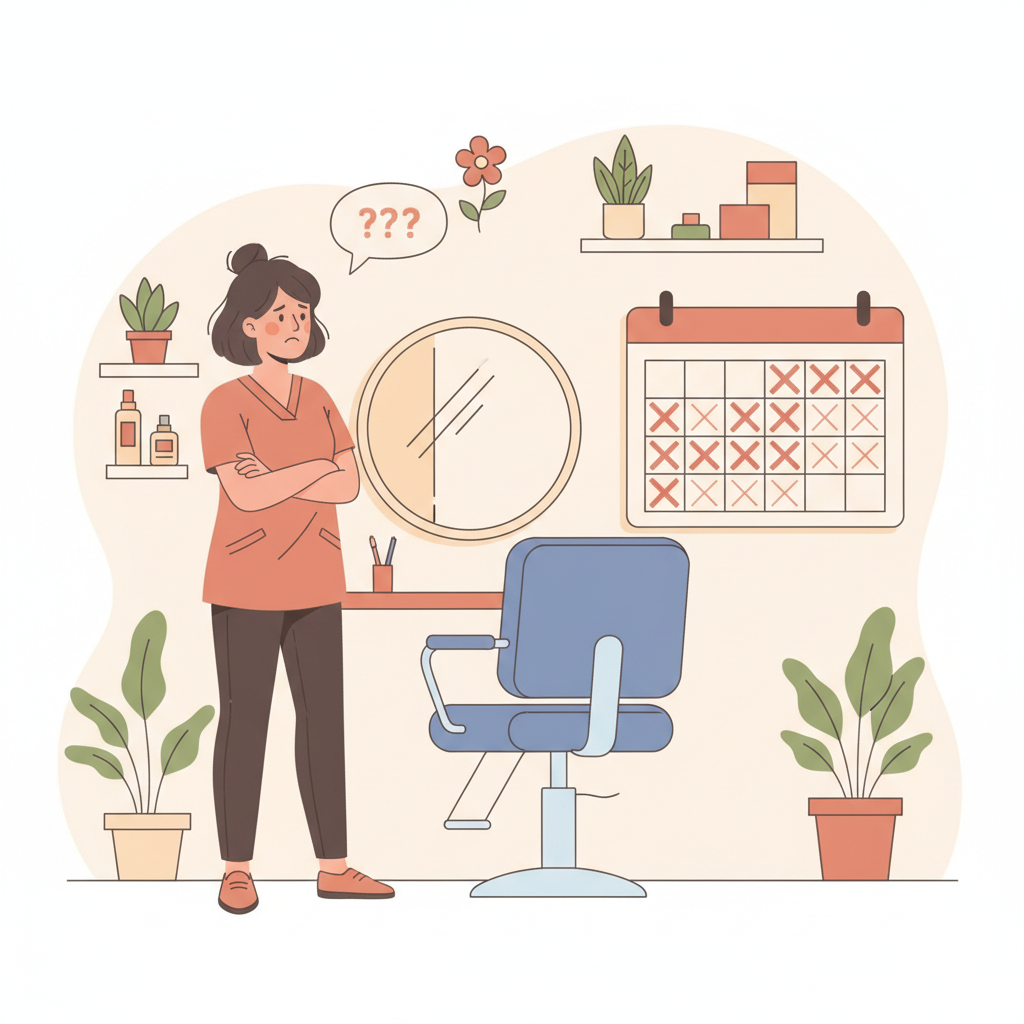 El propietario frustrado de un salón de belleza mirando una silla de peinado vacía y un calendario con citas tachadas.