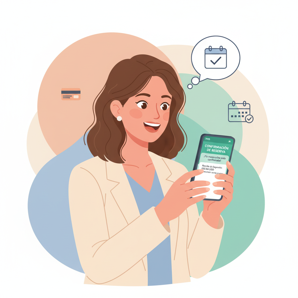Una clienta mira felizmente su teléfono al recibir una confirmación de reserva automática por SMS con el recibo del depósito.