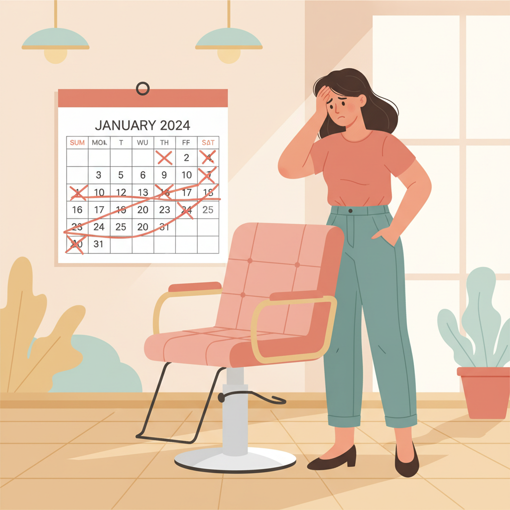 A frustrated salon owner looking at an empty styling chair and a calendar with crossed-out appointments.
