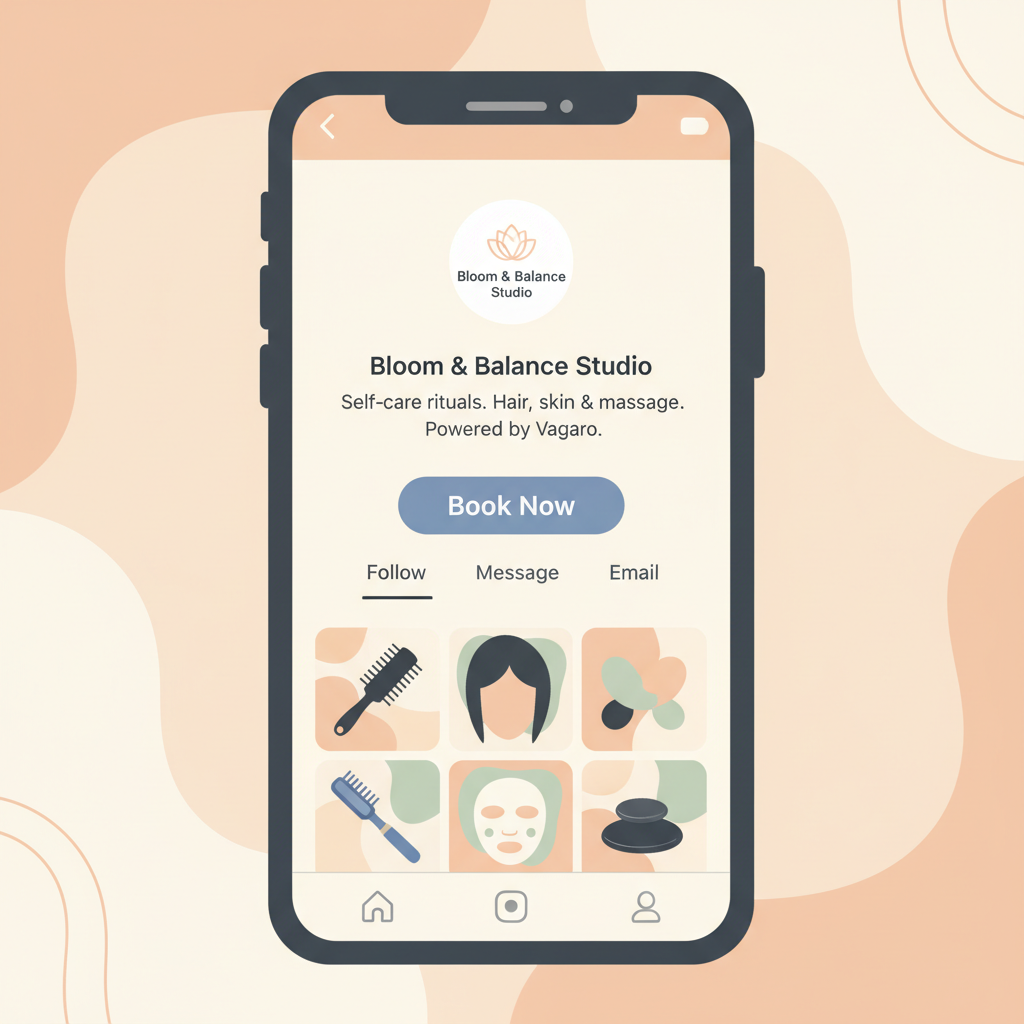 Screenshot of an Instagram profile showing the native Book Now button powered by Vagaro.