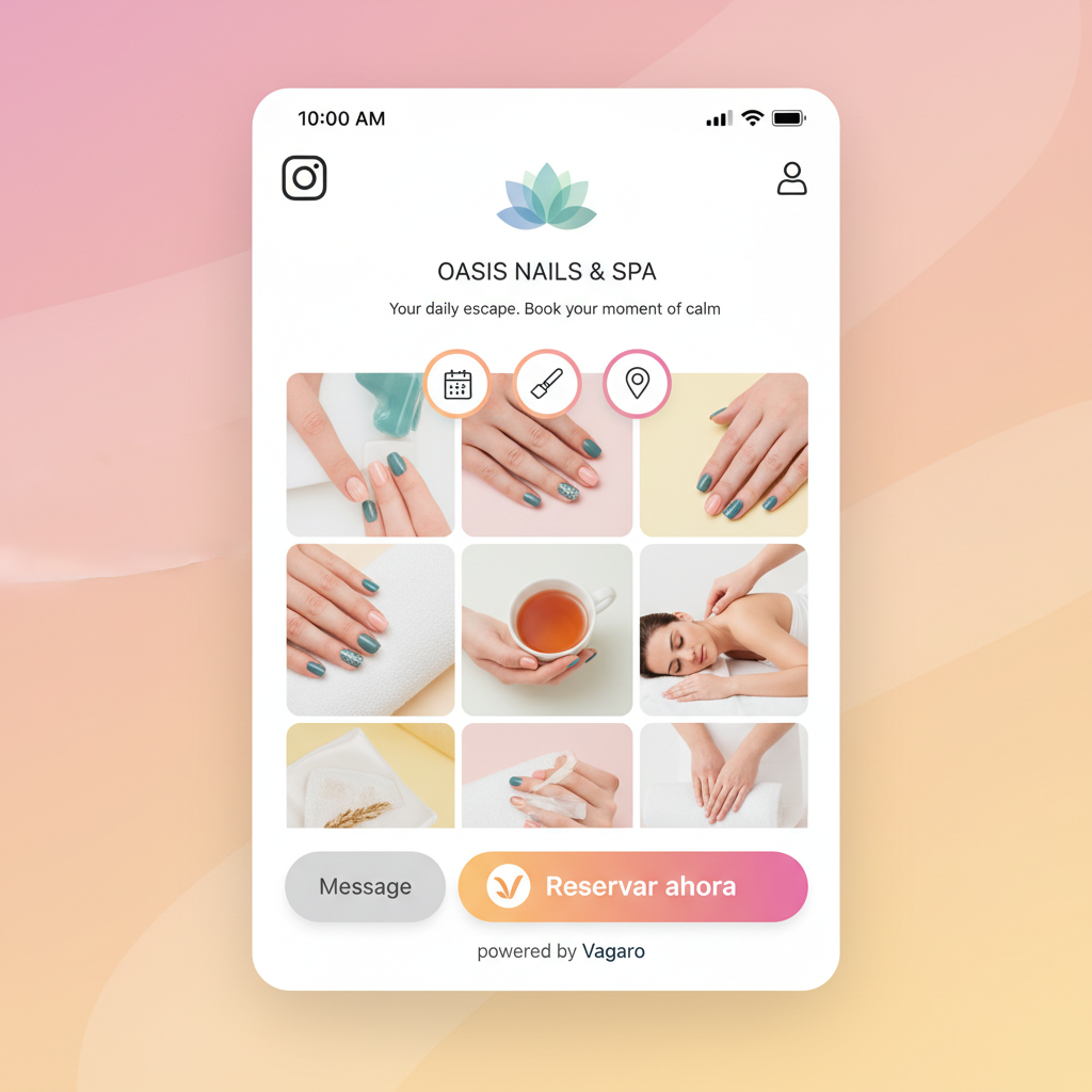 Captura de pantalla de un perfil de Instagram que muestra el botón nativo de Reservar ahora impulsado por Vagaro.