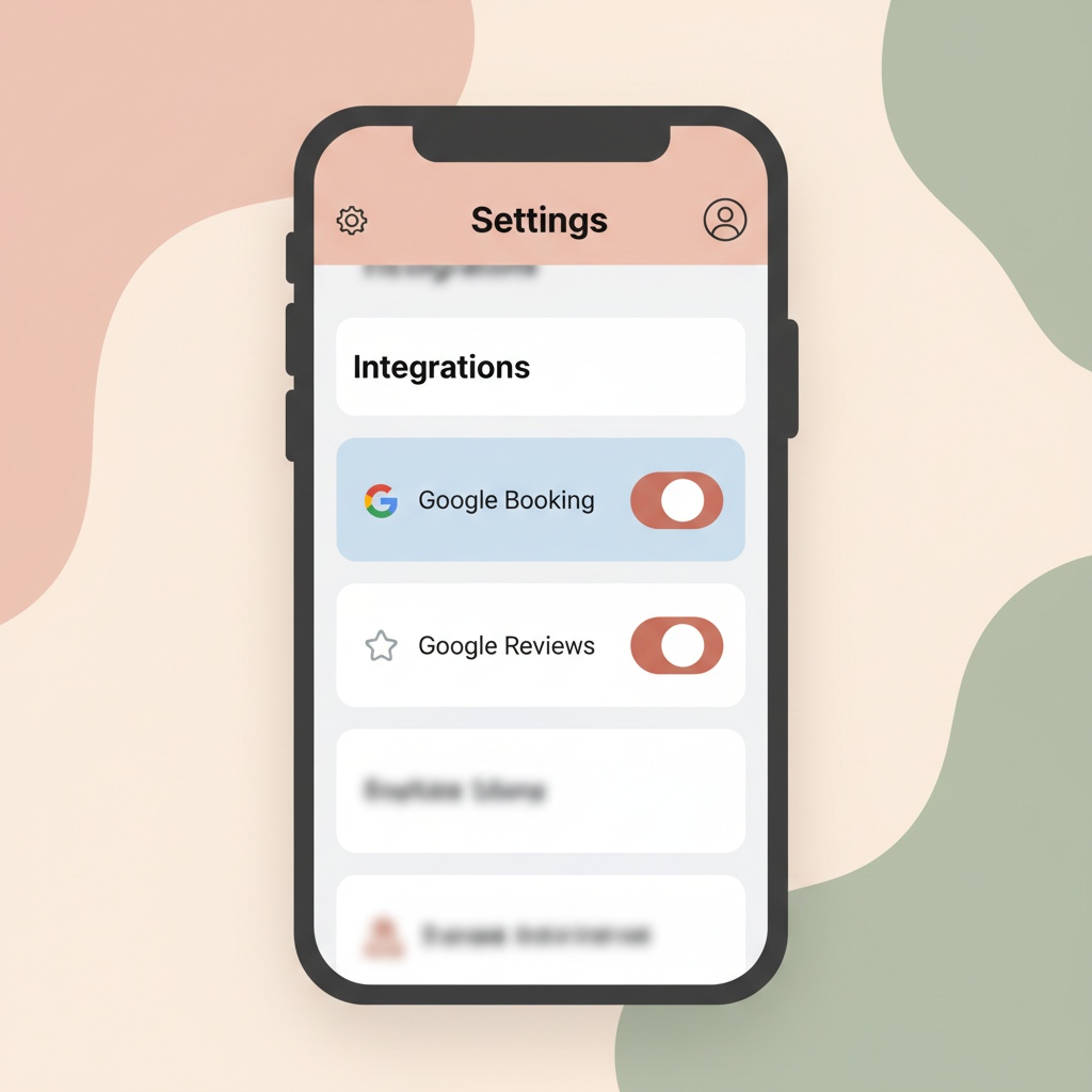 Screenshot of the GlossGenius app settings showing the Google Booking and Reviews toggle