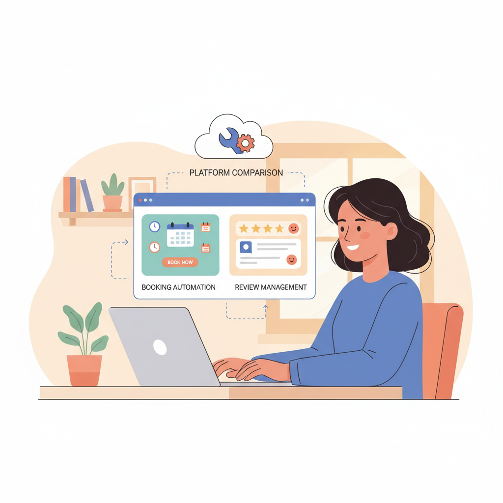 A business owner comparing booking and review automation platforms on a laptop